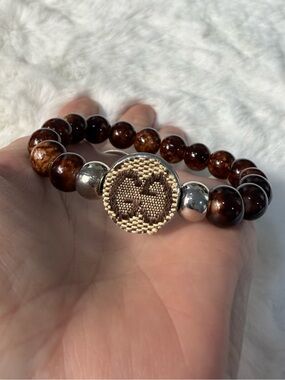 Gucci upcycled Brown Beaded Bracelet with Signature Woven Medallion